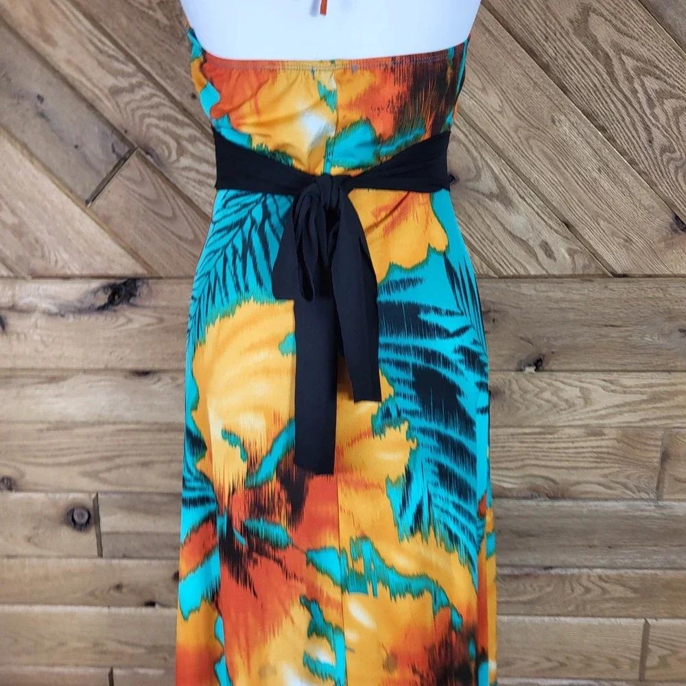 Lipstick Maxi Dress Womens Medium Halter Tropical Floral Sleeveless Teal Orange